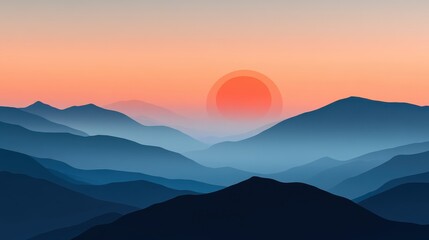 Obraz premium A serene landscape featuring layered mountains under a vibrant sunset, showcasing gradients of orange, pink, and blue hues.