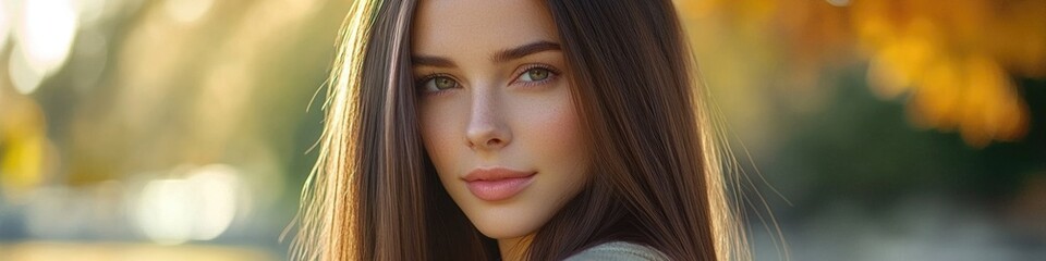 Fototapeta premium A portrait of a beautiful young woman with long brown hair, looking straight into the camera