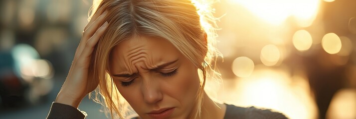 Woman Experiencing Stress: Portrait of Tension and Worry with furrowed brow eyes closed and hand touching head in distress