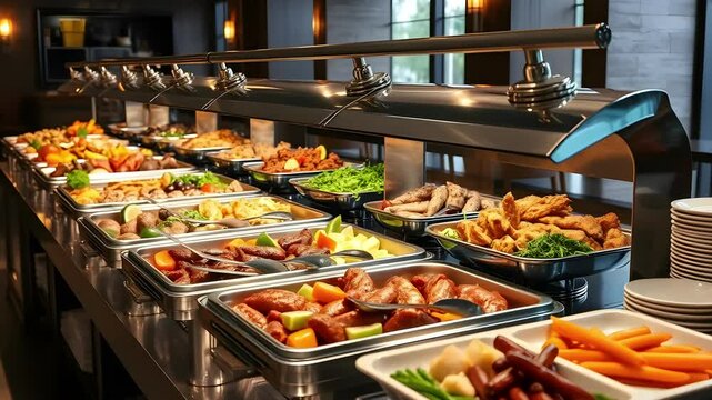 A buffet setup with various dishes including vegetables, meats, and pastries in a restaurant setting.