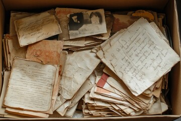 Old letters and photographs stored in a box, preserving memories from the past, showcasing personal histories and moments