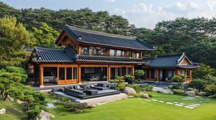 Contemporary korean hanok house blends harmoniously with surrounding landscape
