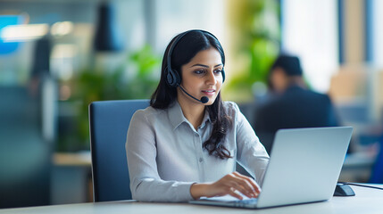 An Indian support representative working at a desk, using a laptop to efficiently manage customer service requests. She is focused and professional, providing solutions to customer
