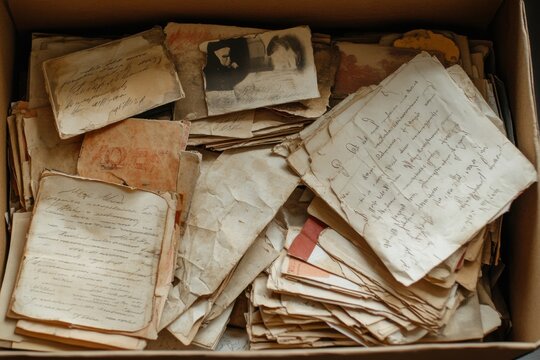 Old letters and photographs stored in a box, preserving memories from the past, showcasing personal histories and moments