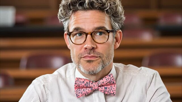 A man with curly hair and glasses is wearing a patterned bow tie, seated in a lecture hall or classroom setting.