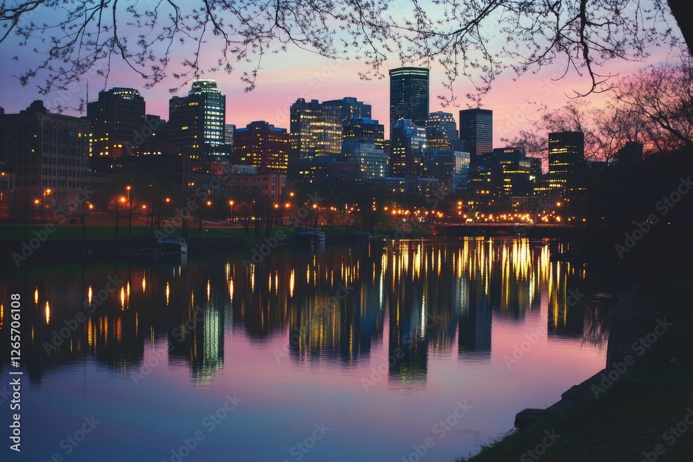 Poster urban landscape viewed from the opposite side of a river, with buildings and structures visible on b