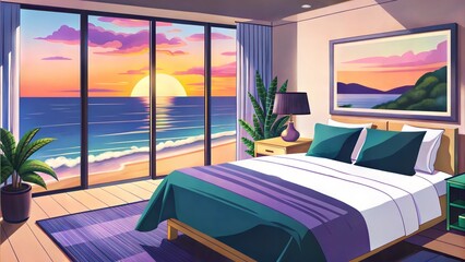Cozy bedroom with a view of the beach at sunset, featuring colorful décor and natural light
