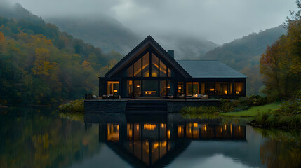 Fototapeta premium Modern mountain lake house, autumn evening, tranquil reflection