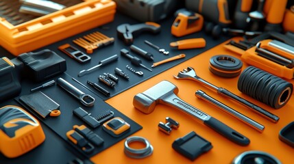 Fototapeta premium Assorted tools on orange and dark gray surface, workshop background. Possible use Product catalog, design inspiration