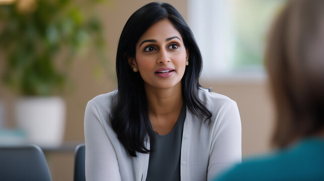 In her office, an Indian female psychiatrist engages in a therapy session with a patient. Her compassionate demeanor and expert advice create a safe space for the patient to discus
