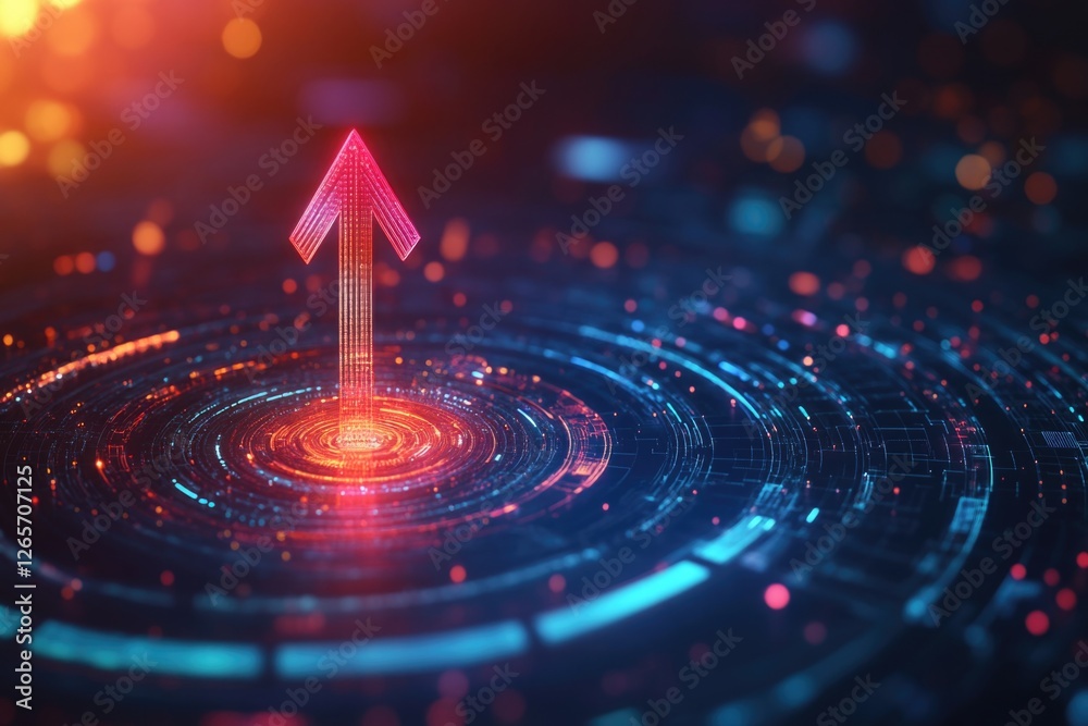 Poster a bright red arrow pointing direction on a blue and pink gradient background