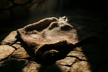 Burlap sack resting inside a stone cellar, beam of light shining down