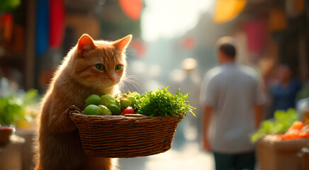 A cat stands holding a basket full of ingredients in a market with colourful stalls under the warm sunlight in a cheerful atmosphere.