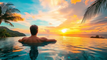 Fototapeta premium Tranquil luxury sunset over infinity pool swimming summer beachfront resort, tropical landscape. Beautiful reflection clouds palm trees as holiday vacation background. Amazing travel island beach