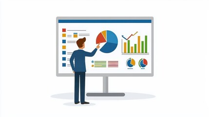 Business Analyst Presenting Data Insights with Colorful Charts on Digital Screen in Office Environment
