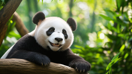 Obraz premium A realistic 3D rendering of a panda in a zoo environment, showcasing its soft, detailed fur and natural expressions. The panda is shown interacting with its surroundings, providing