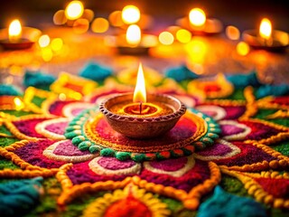 Diwali Rangoli with Clay Lamp, Low Light Festive Photography, India