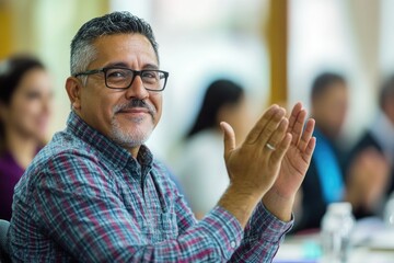A person giving up at a desk, hands raised in defeat