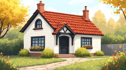 Cozy Cottage with Red Tile Roof and Flower Box &ndash; Charming Countryside Home in Storybook Style
