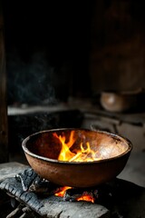 Traditional cooking in clay pot with fire, in rural kitchen, for culinary blog