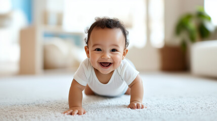 Fototapeta premium A happy, giggling baby boy crawling on a soft surface while wearing pampers, excited to explore his environment. His adorable expression captures the essence of early childhood exp