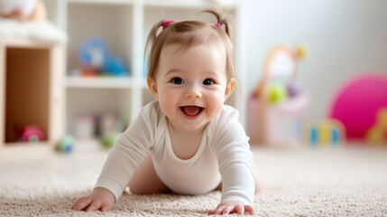 Happy baby girl crawling.