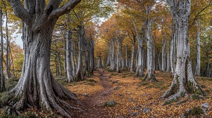 Autumnal forest path through beech trees