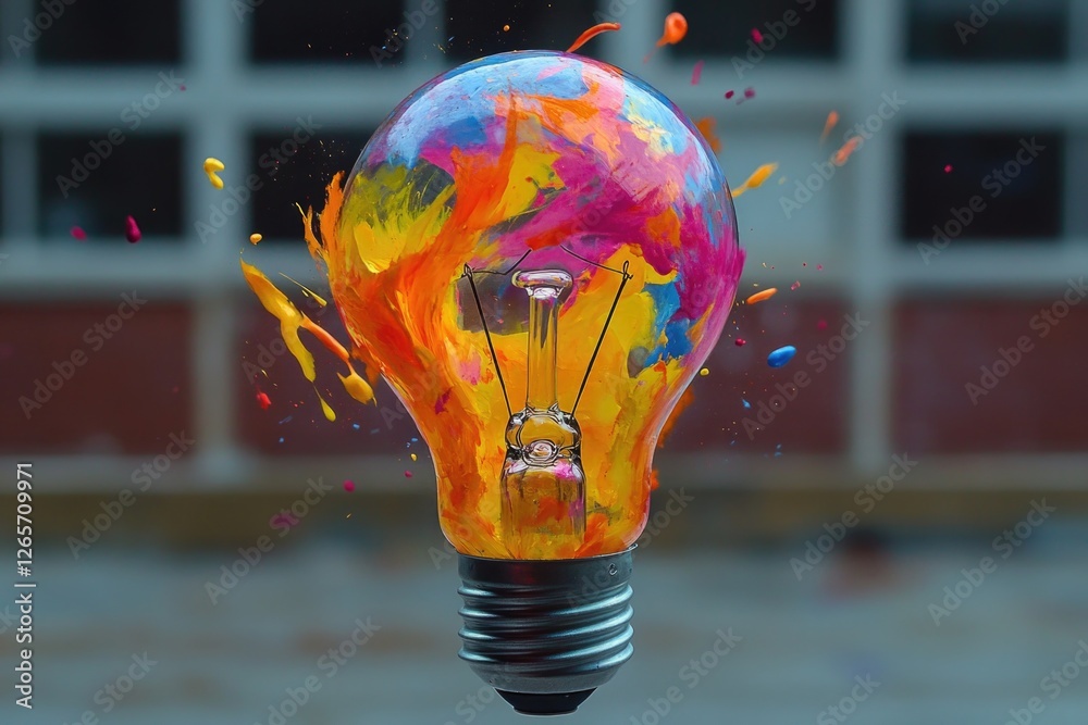 Poster a bright and vibrant light bulb with paint splatters emerging from it, perfect for illustrating crea