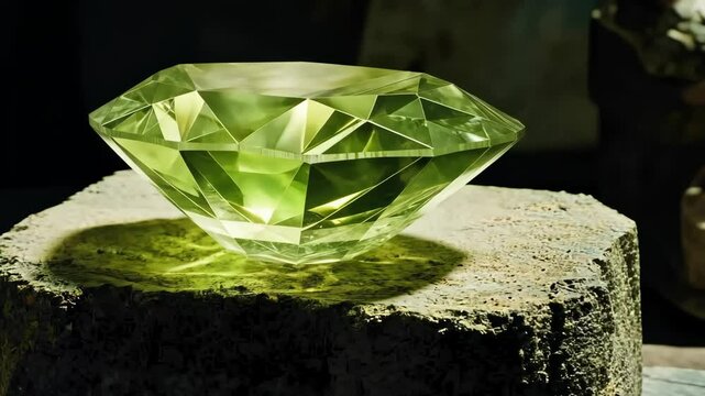 Sparkling green gemstone displayed on rough stone surface with dramatic lighting effects