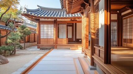 Naklejka premium Tranquil korean traditional hanok house and garden courtyard