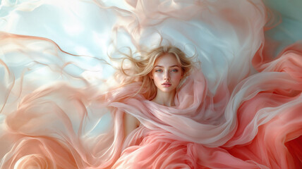Fashion portrait of a beautiful blonde model posing wrapped in flowing pink fabric, creating a dreamy and ethereal atmosphere