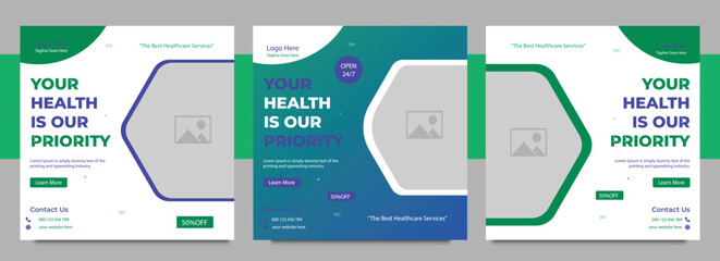 Fototapeta premium Medical service social media post design template, healthcare social media template, dental social media post, hospital social media banner ads, medical promotion square post design
