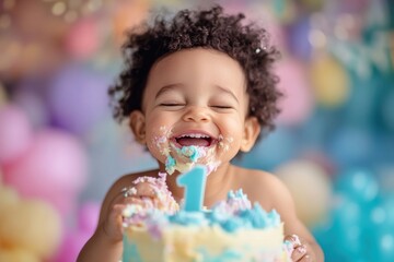 Happy child celebrating first birthday with a colorful cake and joyful decorations in a festive atmosphere