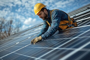 Construction worker installs solar panels on a clear day near an urban building under a bright blue sky