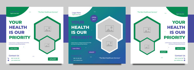 Modern medical healthcare social media post templates, designs for hospitals clinics doctors and health services, medical social media post and banner