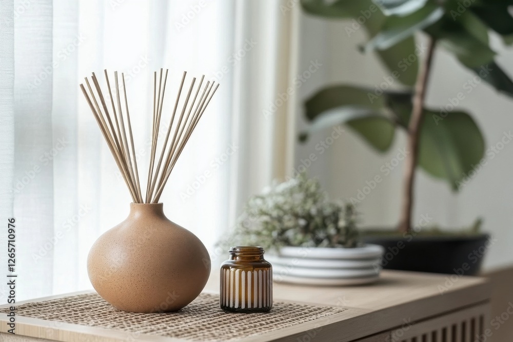 Poster decor elements featuring aroma diffusers and greenery in a modern interior setting