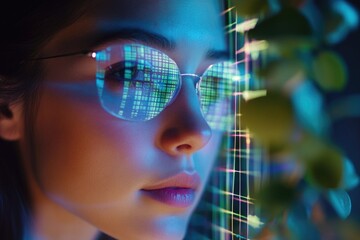 A woman sits with a plant in front of her, wearing glasses