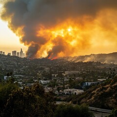 A large plume of smoke rises over a city, with a cityscape visible in the background