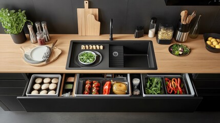 Modern kitchen featuring organized drawers filled with various fresh foods