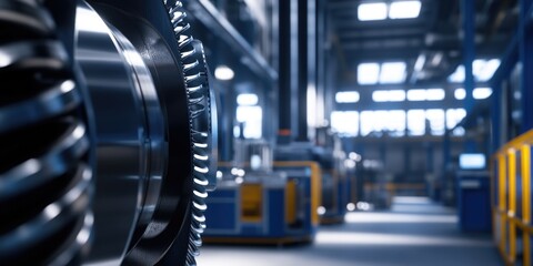 Fototapeta premium A large industrial machine is seen in a factory environment with pipes and machinery surrounding it