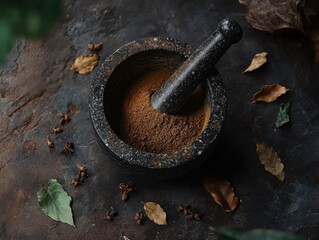 five-spice blend being hand-ground in a mortar and pestle, with the original spices scattered around on a dark stone surface
