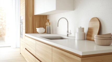 Fototapeta premium A kitchen with a sink and wooden cabinets