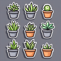 Fototapeta premium Nine potted succulents and cacti; home decor; grey background; for website or print