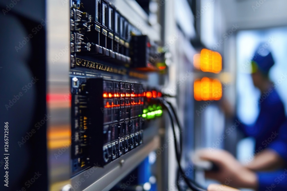 Poster a technician works on a control panel, with a person visible in the background