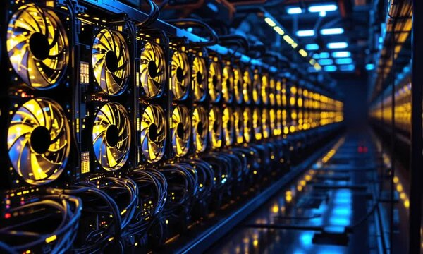 Cryptocurrency mining farm; rows of powerful GPUs illuminate a large server room