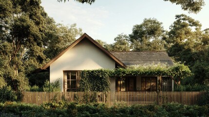 Charming house nestled amidst lush greenery and a picket fence