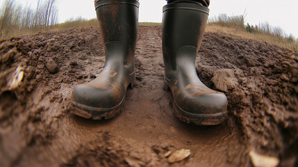 Muddy work boots standing near freshly turned earth, signaling agricultural labor
