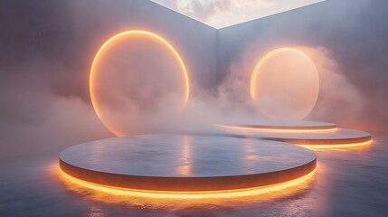 A futuristic arrangement of round podiums glowing in stark white light, surrounded by a haze of soft fog. The clean and ethereal setting is perfect for showcasing minimalist and high-end products.