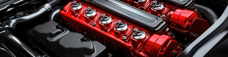 A close-up view of a bright red engine in a car