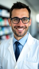 Fototapeta premium Smiling male pharmacist in white coat standing in a pharmacy